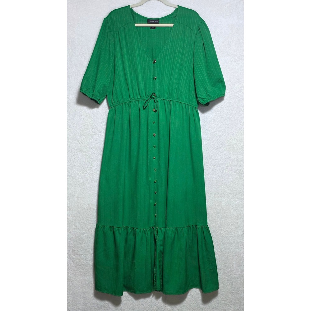Stella & Julie Green Textured Stripe Button Front Midi Dress Plus Size 2X